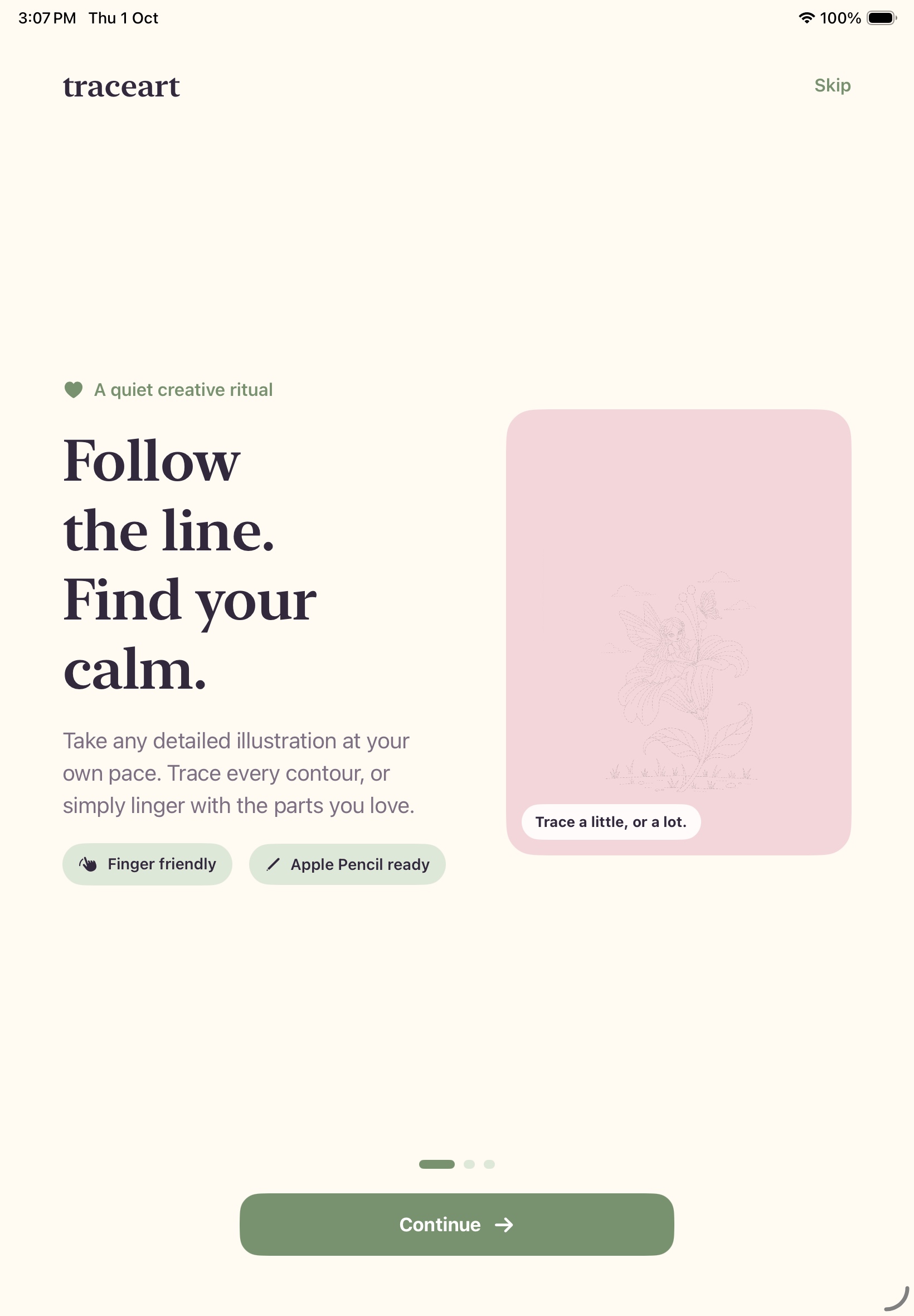 TraceArt line tracing app welcome screen on iPad with soft illustration collections